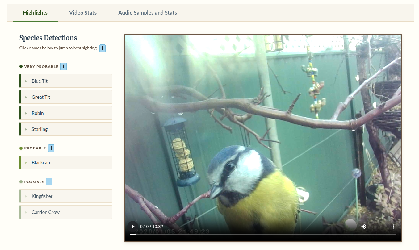 Screenshot from birdbird: highlights video player with detected species list alongside