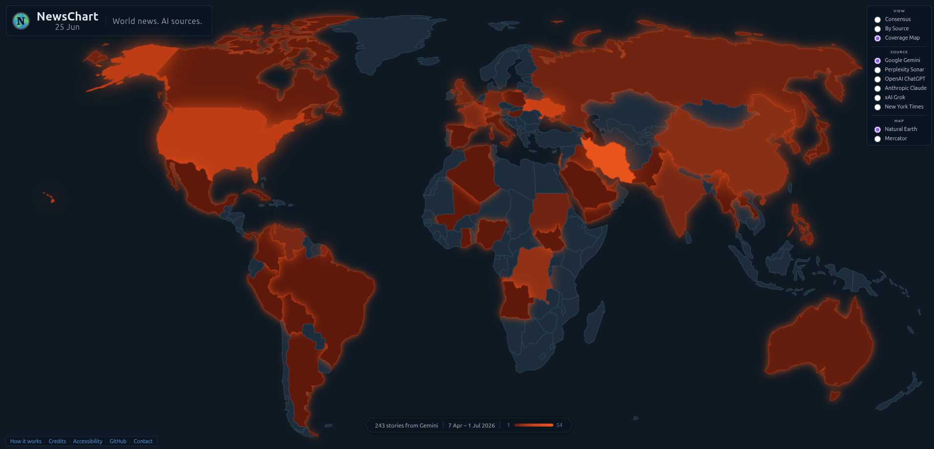 Screenshot from NewsChart: coverage map heatmap showing story volume by country for a single model